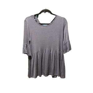 Sweet Lindsey Blue Top with 1/2 Ruffle, Bell Sleeves & crisscross back. SZ M